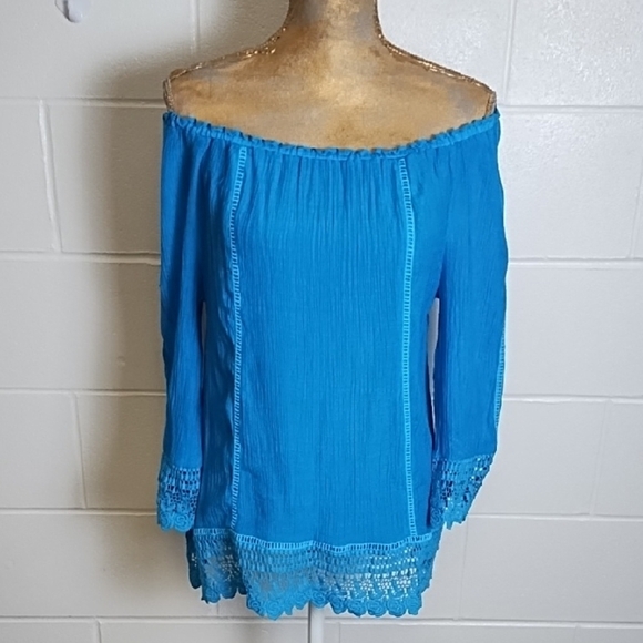 Dark Turqoise Gauzy Crocheted 3/4 Sleeve Top Blouse - Picture 3 of 10